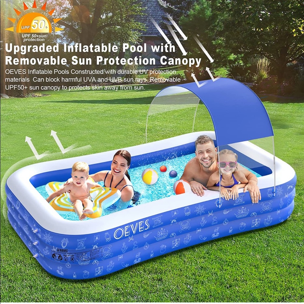 Above ground Pool with removable canopy for sun protection. Full size fits 4